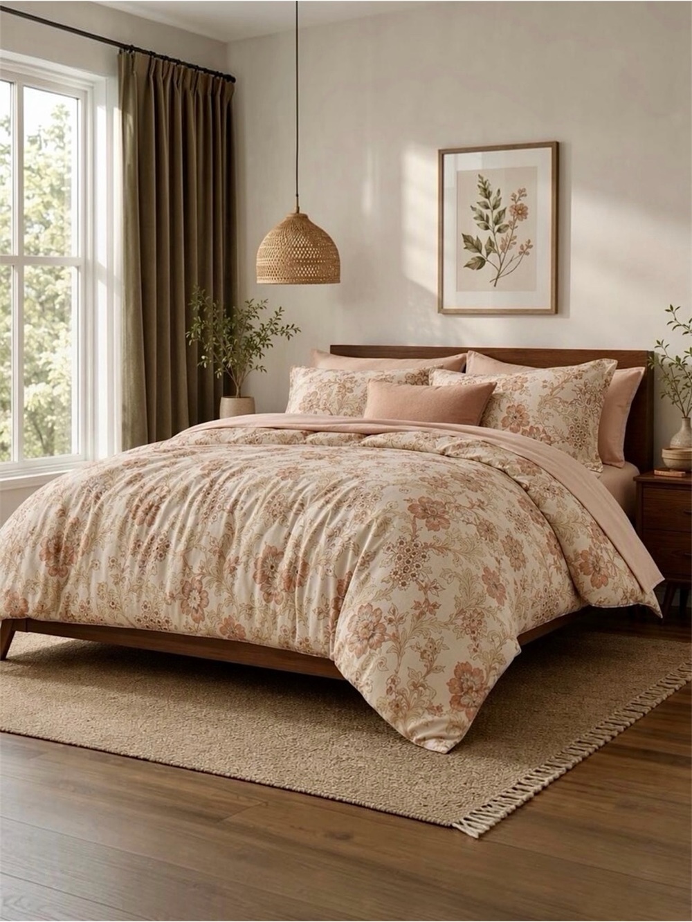 NEW Anthro 7 Piece Blush Floral Boho Queen / King Bedding Comforter & Sham Set